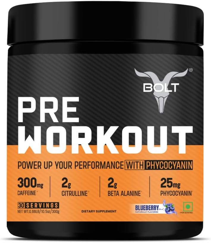 Bolt Pre Workout Suplemento con Caffeine, Citrulline Malate, B-Alanine, Taurine  víspera Energía explosiva, Bomba > Focus ANTE300g,30 Servimientos ← Blue Berry Blast