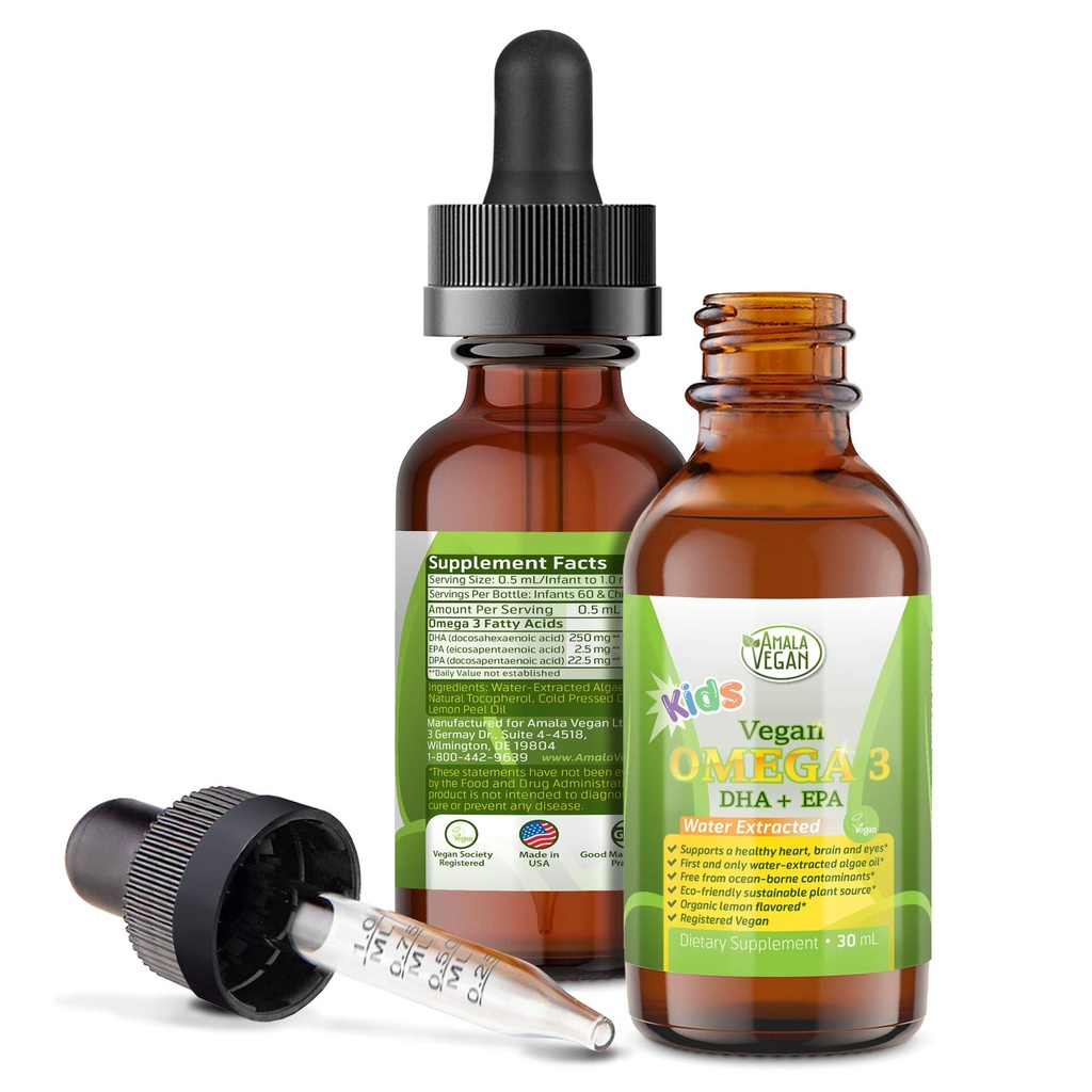 Omega 3 para niños - Lemon Orgánica, Vegan, Suplemento Líquido - Aceite de pescado para niños con DHA, EPA, ácidos grasos DPA - aceite de algas con base vegetal - Inmuno, corazón, salud cerebral para niños- 30-60 dosis