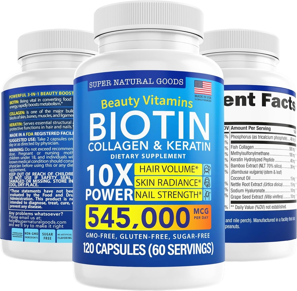 Vitaminas de biotina y colágeno + queratina con folato - Tratamientos de pérdida de cabello para hombres y mujeres - Follicle, Skin y Nail Suplementos para el crecimiento del cabello " Postpartum Support - GMO Gratis " Gluten Free (120 Caps)