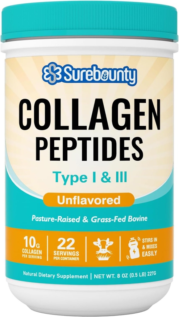 Colagen Peptides Powder, Tipo I ' III, Grass-Fed Bovine Source, Unflavored, Dissolves Fácilmente, Skin, Hair, Nail &amp; Muscle Care, Paleo & Keto Friendly, 8oz