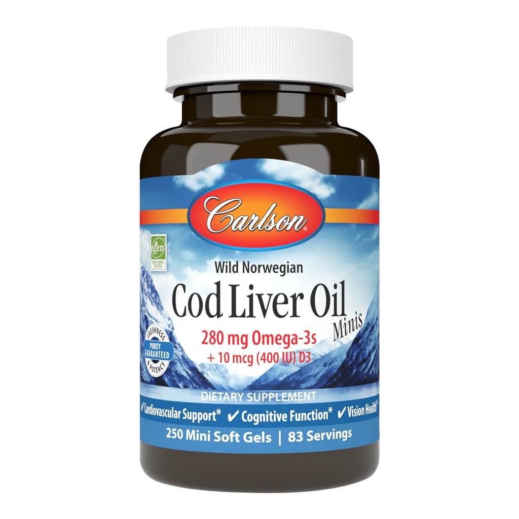 Carlson - Cod Liver Oil Minis, 280 mg Omega-3 + Vitaminas A &amp; D3, Heart Support " Cognitive Function, Vision Health, 250 Mini Soft Gels