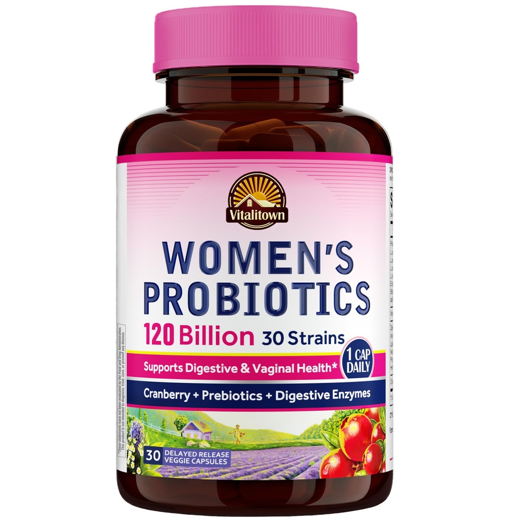 Probióticos Vitalitown para Mujeres 120 Billones CFUs, 30 Strains, con Prebióticos Enzymes Digestivos & Cranberry, Gut & Vaginal Health, Vegan 30 Delayed Release Caps