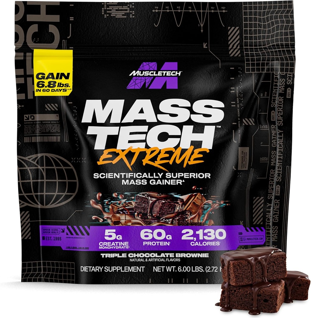Muscletech High-Protein Mass Gainer (Triple Chocolate Brownie, 6LB) - Mass Tech Extreme 2000 Mass Gainer Protein Powder Suplemento - Weight Gainer for Increase Muscle, Enhanced Recovery & Strength