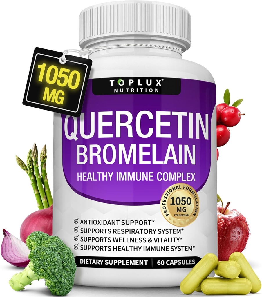 Toplux Quercetina con Bromelaina y Zinc 1050mg - Suplemento de soporte avanzado de inmunona, soporta el antioxidante, sistema inmunológico, para hombres mujeres, 60 cápsulas