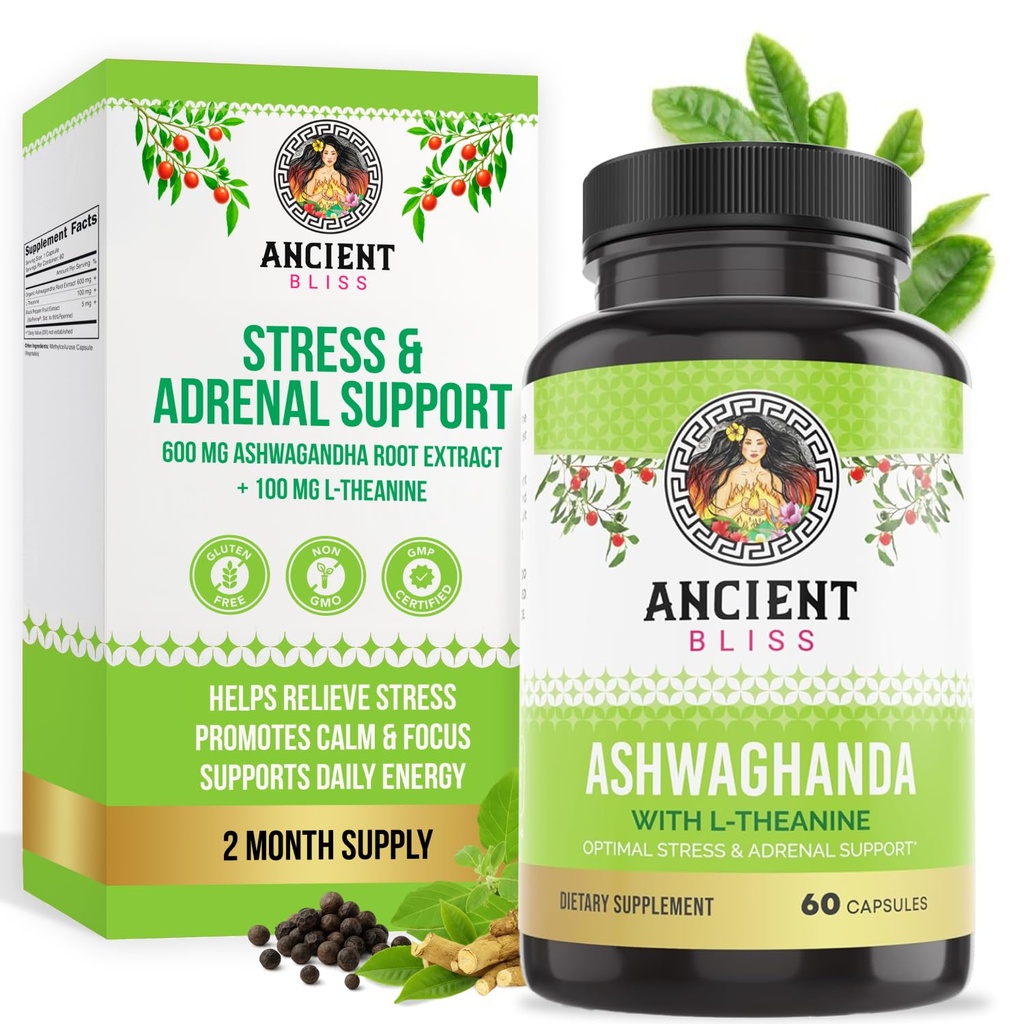 Antigua Bliss Ashwagandha con L-Theanine " Black Pepper Extract Capsules, Energy " Natural Mood Support Suplemento, Focus Supplement for Adults