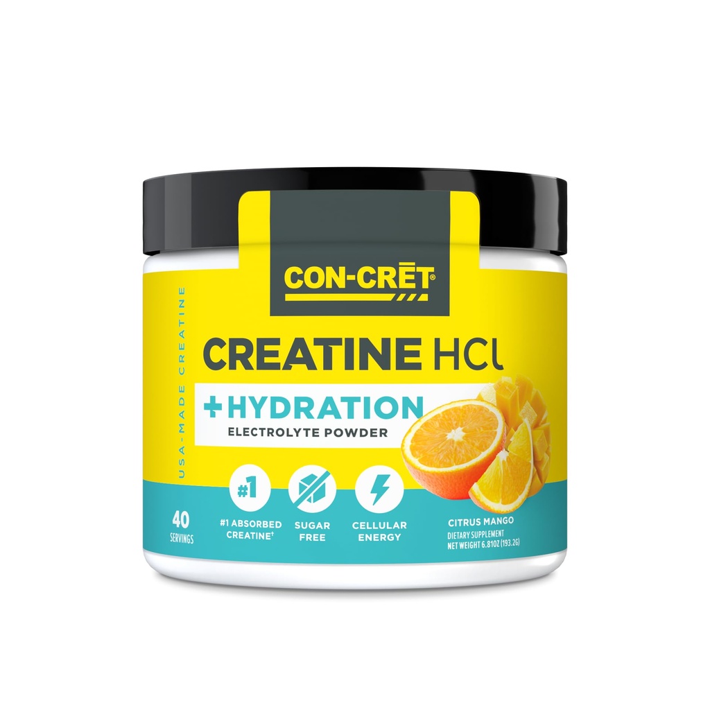CON-CRET Creatine HCl + Hydration ¦ Electrolyte Powder Tub ¦ Citrus Mango ← Sugar Free Electrolytes Silencio Rehydration Formula w Potassium, Sodium, Zinc, Magnesium to Hydrate &amp; Recover (40 serv)