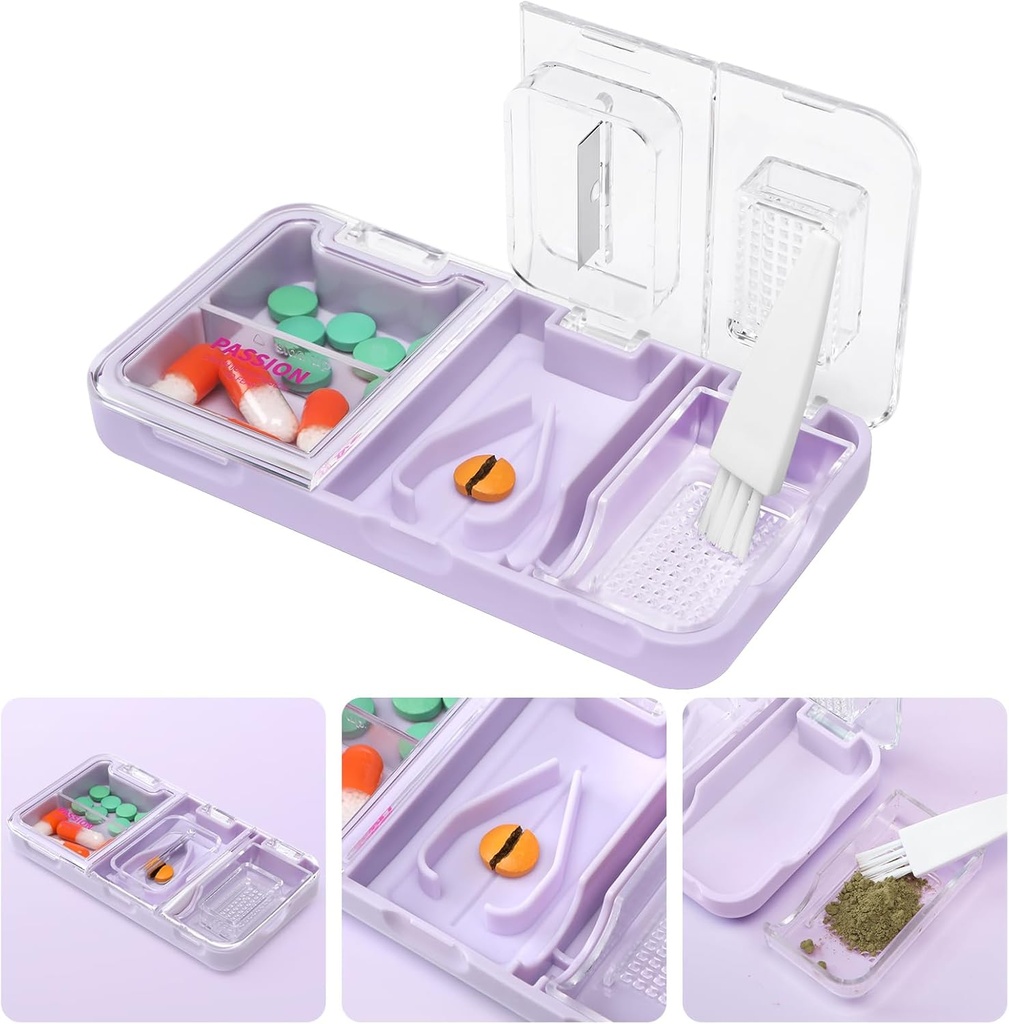 Toplive Portable 3-in-1 Pill Cutter and Pill Grinder and Pill Holder, Corte fácil exacto, Cruzador de medicamentos para pequeñas píldoras grandes, Divisor de tabletas de vitamina para niños mayores mascotas, púrpura