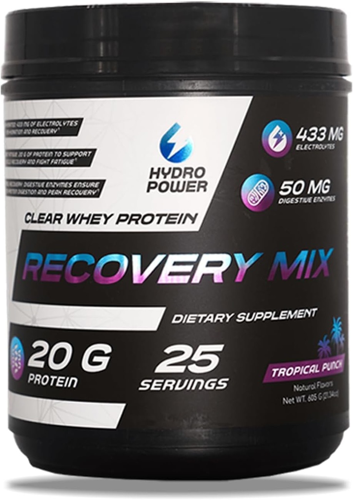 Hydro Power Clear Whey Protein Recovery Mix - Tropical Punch Flavor - 433mg Electrolytes & 20g Proteína - Rendimiento de combustible " Recuperación - Suplemento dietético para hombres " Mujeres - 25
