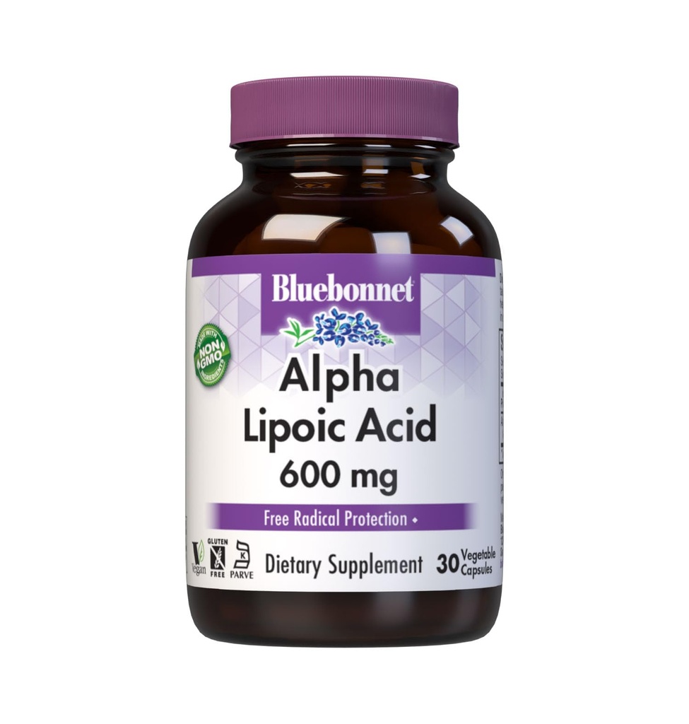 BlueBonnet Alpha Lipoic Acid 600mg - Powerful Antioxidant Nerve Support Supplement for Women &amp; Hombre - Non-GMO, Vegan, Kosher - Gluten-Free, Soy-Free, Dairy-Free - 60 cápsulas vegetales