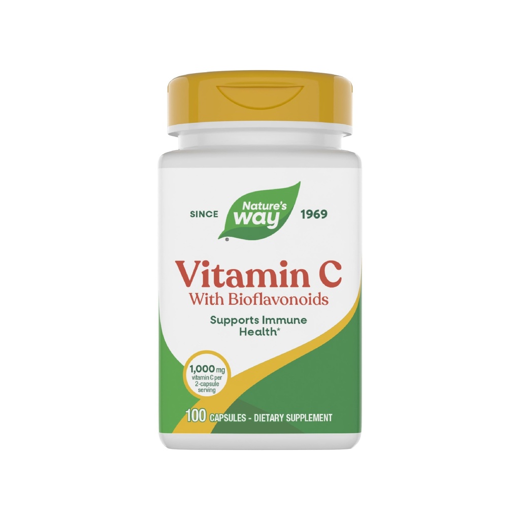 Vía de la Naturaleza Vitamina C con Bioflavonoides, Soporte Inmunitario*, Vitamina C de alta potencia por servicio de 2 cápsulas, promueve el colágeno*, 1.000 mg por 2 cápsulas, 100 cápsulas (paquete mayo Vary)