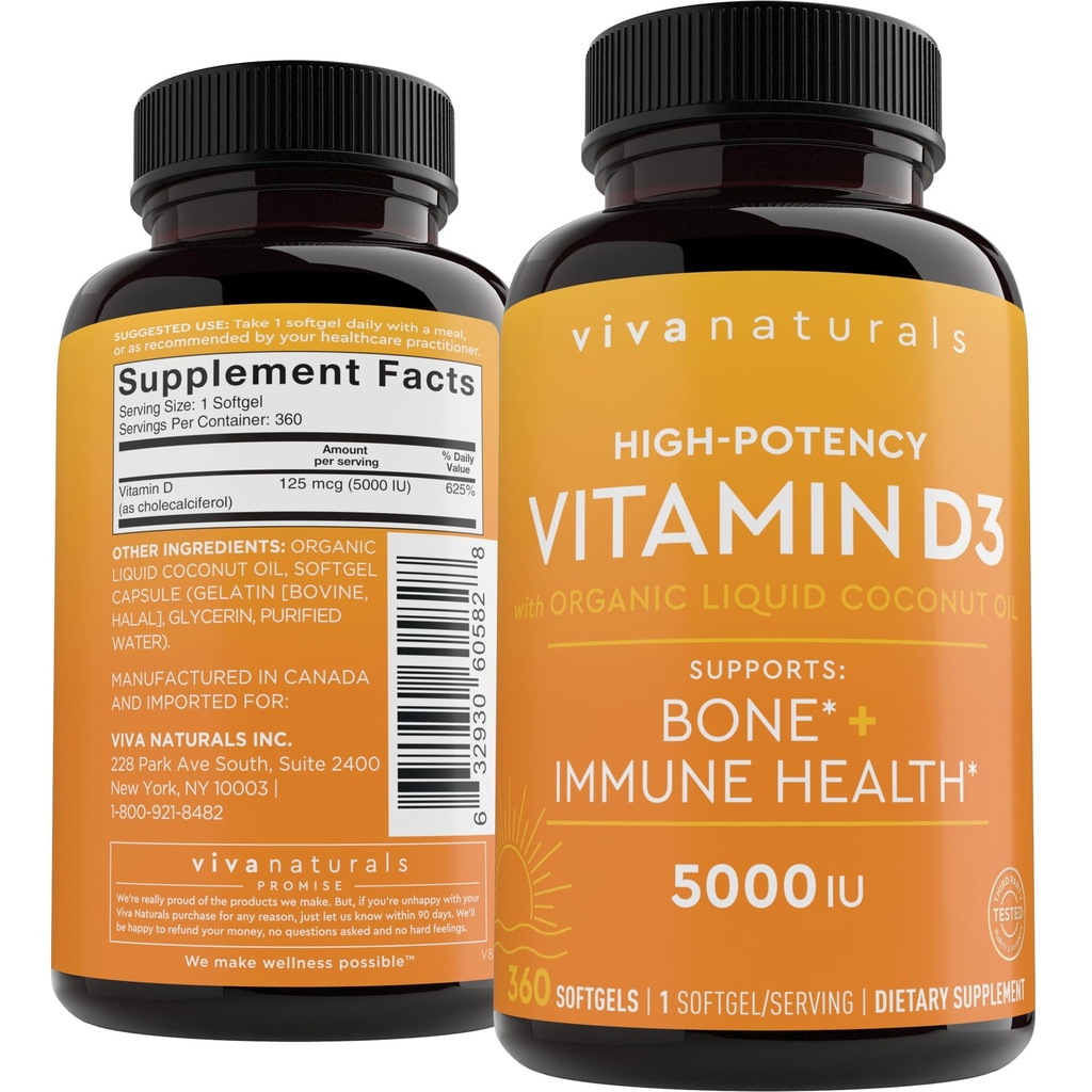 Viva Naturals Vitamina D3 5000 UI Softgels, 360 Conde (125 mcg), Soporta Bone &amp; Immune Health, High Potency Vitamin D