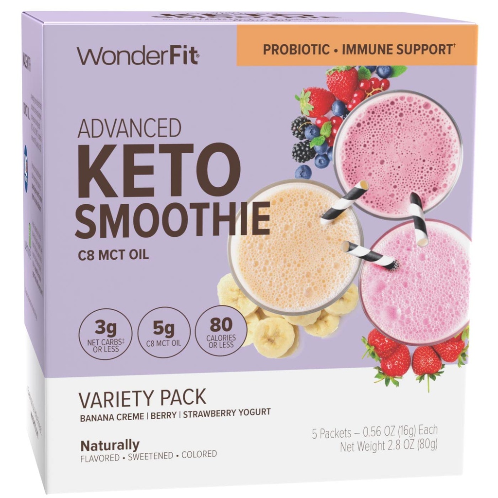 Maravilla Fit by Wonder Slim Keto Smoothie con C8 MCT Oil, Variety Pack, 1-3g Net Carbs, Gluten Free, Probiótico & Immune Support (5ct)