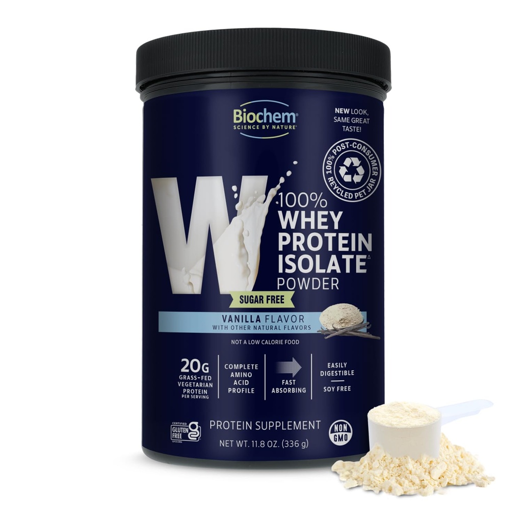 Biochem 100% Whey Vainilla sin azúcar 20g, 11.8oz, Vegetariano certificado, Gluten certificado gratis, certificado no GMO testado, Keto Friendly, Grass-Fed