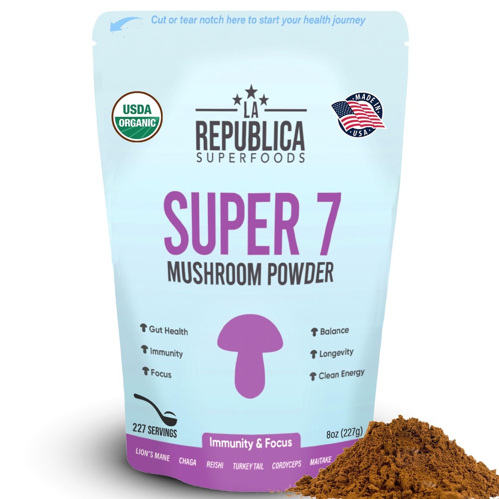 La Republica Superfood Super 7 Mushroom Extract Powder, Incluye Mane de León, Reishi, Chaga, Cordyceps, Shiitake, Maitake y Turquía Tail (8 oz)