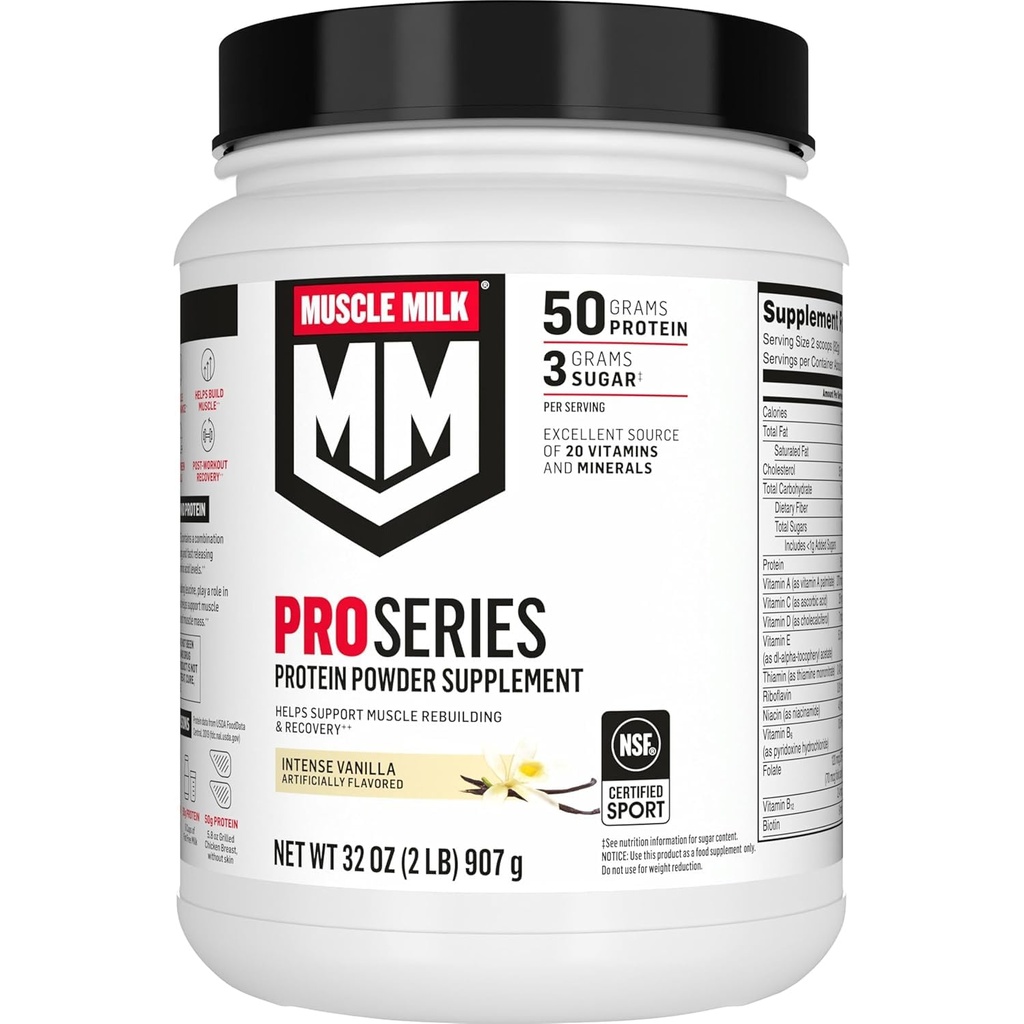 Muscle Milk Pro Series Protein Powder Suplemento, Vainilla Intensa, 2 libras, 11 piezas, 50g Proteína, 3g Azúcar, 20 vitaminas &amp; minerales, NSF certificado para el deporte, recuperación del entrenamiento, embalaje mayo Vary