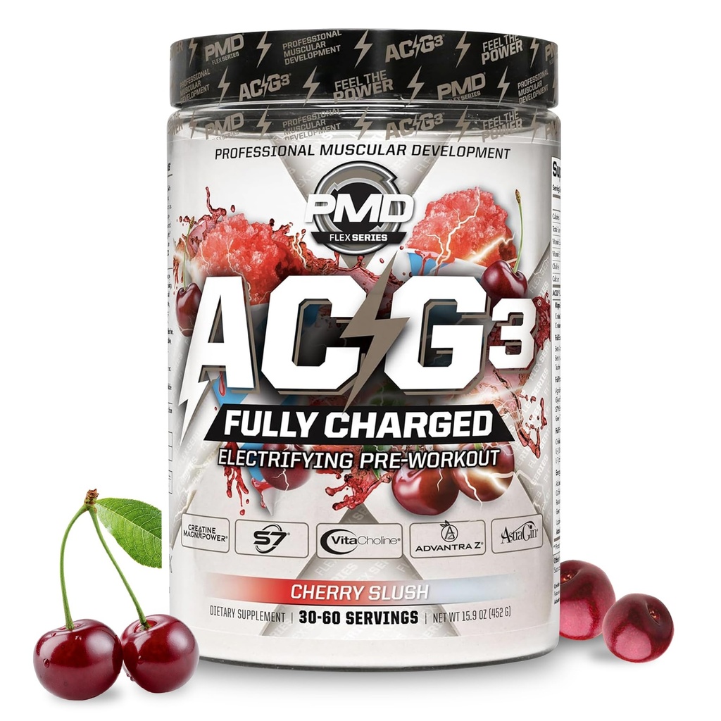 PMD Sports ACG3 Fully Charged - Electrifying Pre Workout Powder - High Energy &amp; Pump Pre Workout para Hombres y Mujeres para Maximizar Focus, Endurance & Performance - Cherry Slush (30-60 Servings)