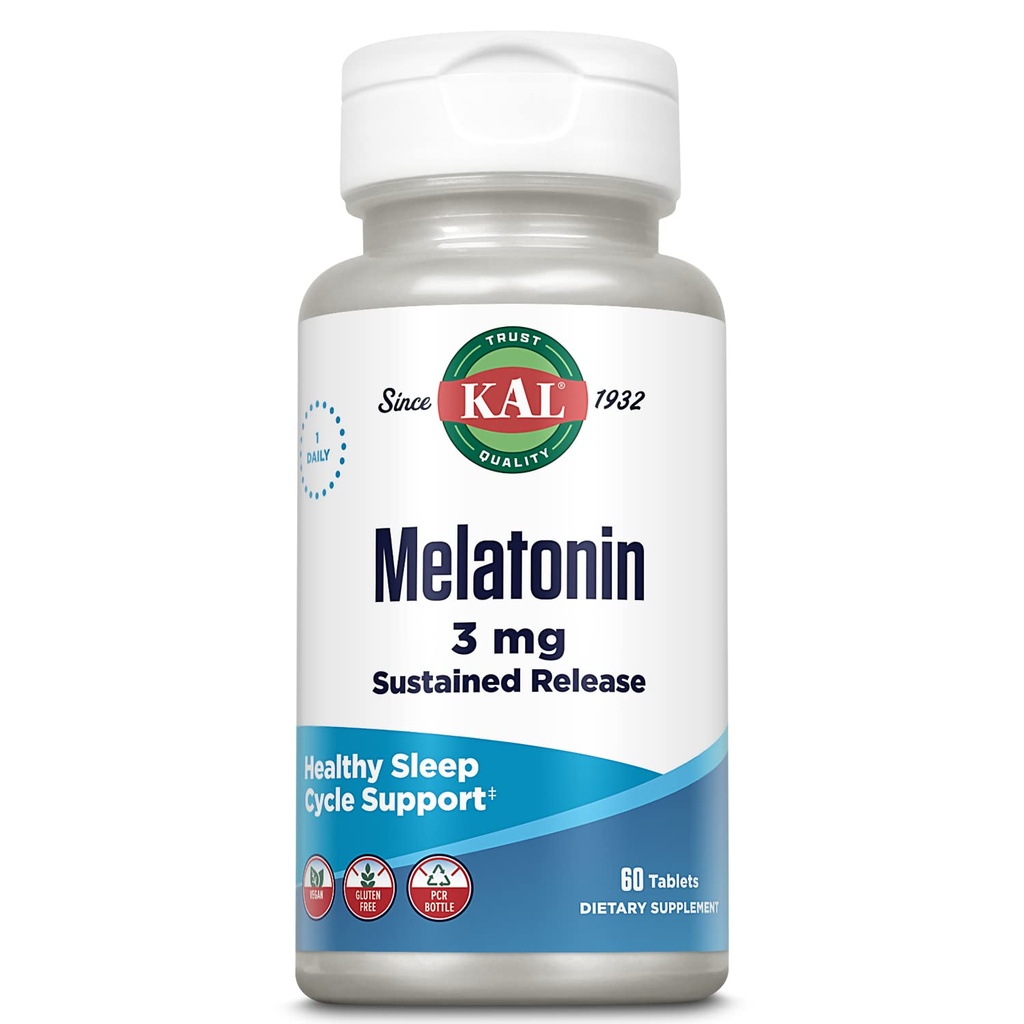 KAL Melatonin 3mg Sostenida liberación Ayuda al sueño, suplemento de melatonina Apoyo Relajación saludable, una sensación de calma y un ciclo de sueño adecuado, w / vitamina Agregada B6, Vegan, Gluten libre 60 serv, 60 tabletas