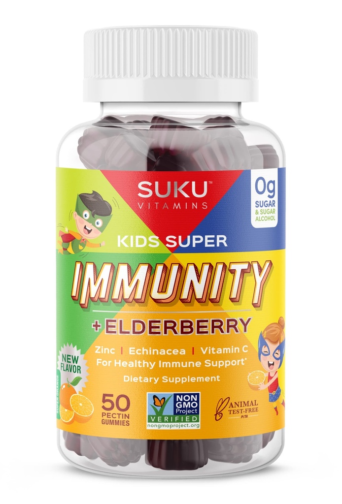SUKU Vitaminas - Niños Super Inmunidad - Elderberry, Echinacea, Vitamina A y Zinc Gummies para Immune Soporte - Fácil de Chew - No GMO, Azúcar sin gluten - Pomegranate Lime Gummy Vitaminas, 50 Conde