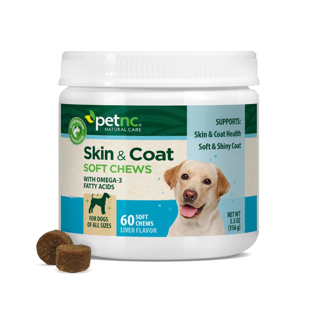 Petnc Natural Care Dog Skin and Coat Supplement (60 Chewables), With Omega 3, EPA & DHA, Promotes Healthy Skin & Glossy Coat, For Dogs 18 Weeks &amp; Older, Liver Flavor