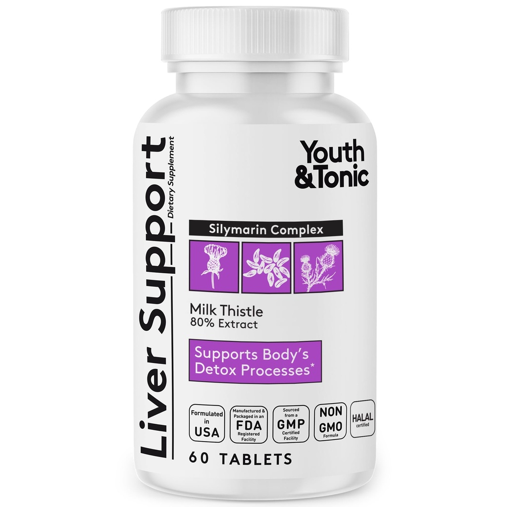 Jóvenes &amp; Tonic Liver Detox Cleanse Suplemento – Silymarin Milk Thistle Complex Formula for Body Health, Repair &amp; Support – Non-GMO Herbal Vitaminas – 60 cápsulas para hombres y mujeres
