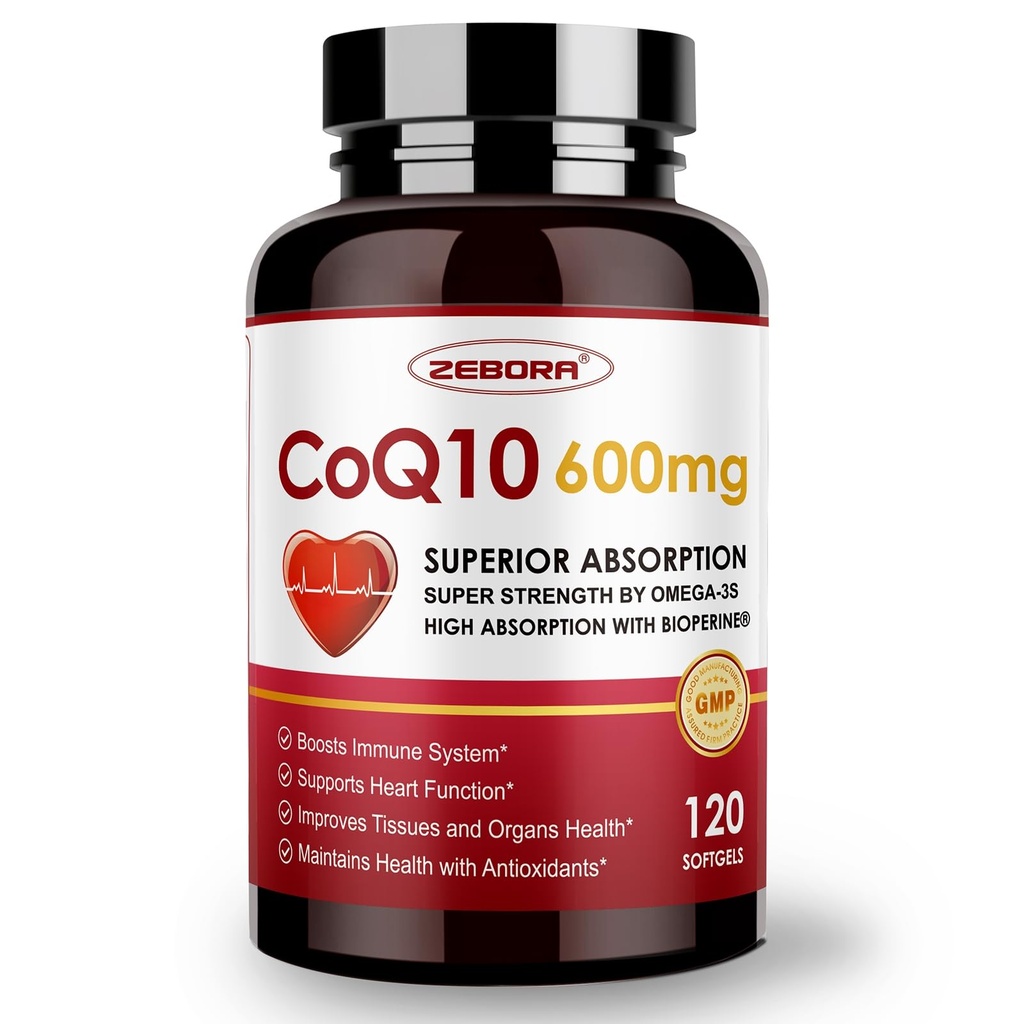 ZEBORA CoQ10-600mg-Softgels - Extra Strength Coenzyme Q10 con PQQ, Omega-3 &amp; BioPerine - High Absorption CoQ10 Suplementos Antioxidante (Ubiquinona) para la producción de energía y salud cardíaca, 120 Softgels