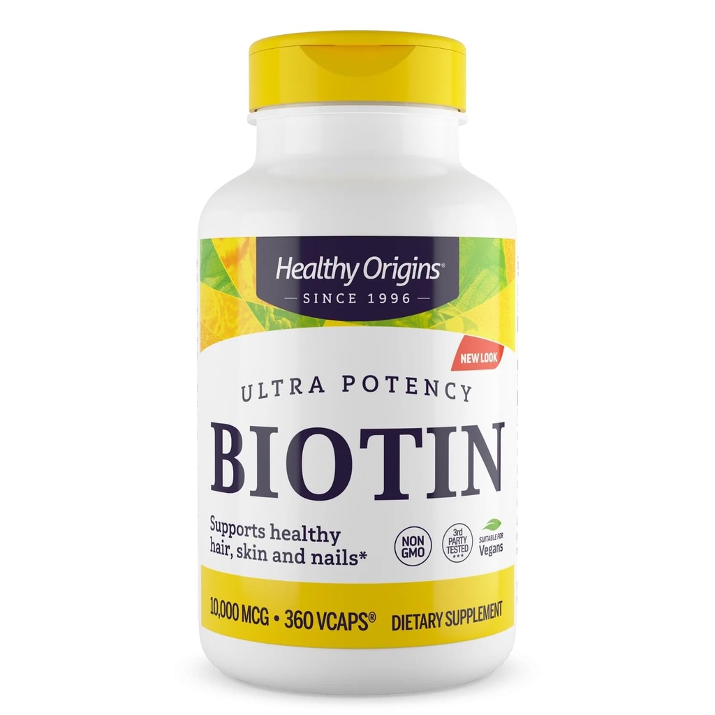 Orígenes saludables Biotin 10,000 mcg (USP Grade, Non-GMO, Gluten Free, Hair Support, Nail Support), 360 Veggie Caps