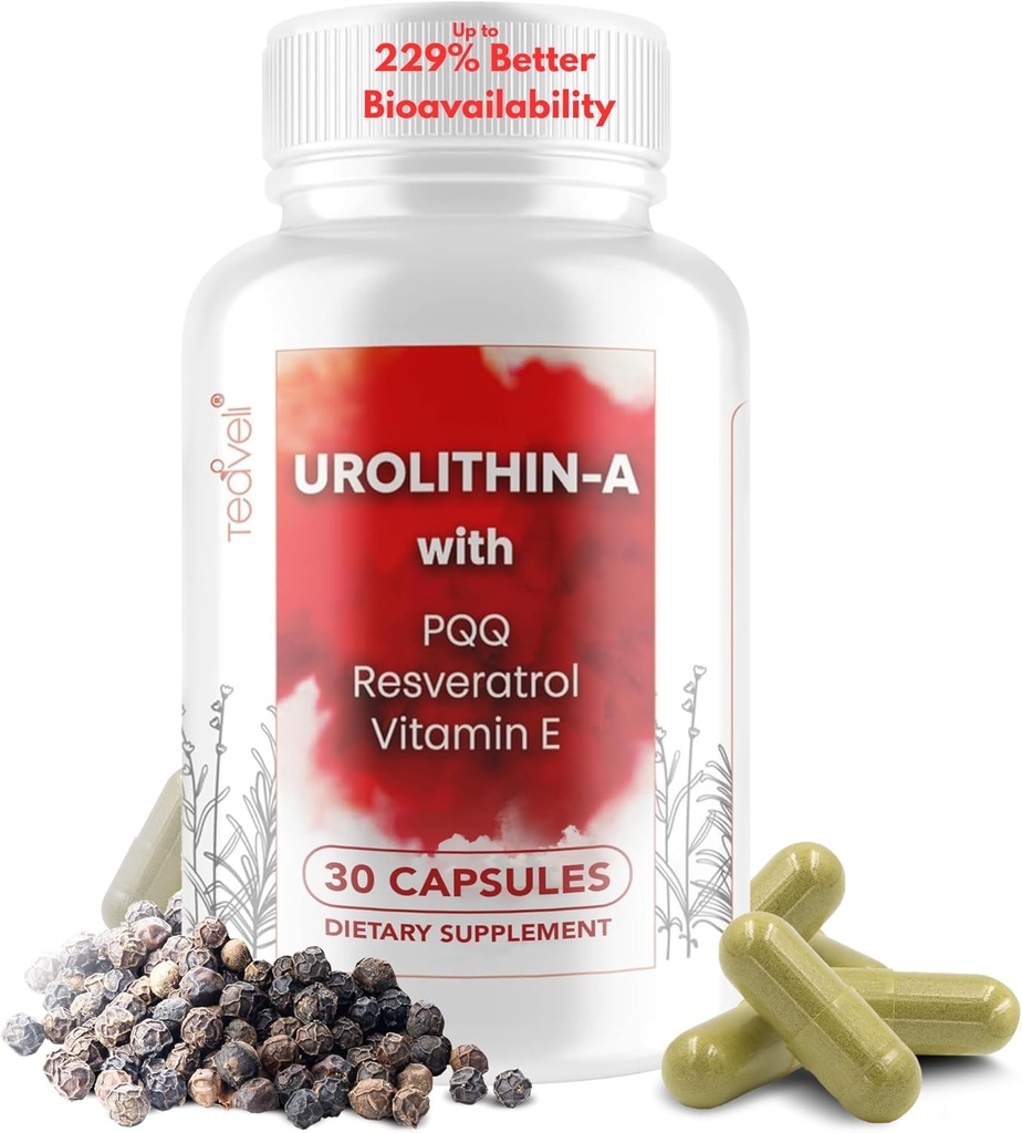 Urolithin A (15 Servimientos) " Stem Cell Supplement with 500mg Urolithin A, Resveratrol, PQQ, Vitamin E " Bioperine – Supports NAD+, Mitochondria, Muscle Health, Healthy Cells " Energy Levels