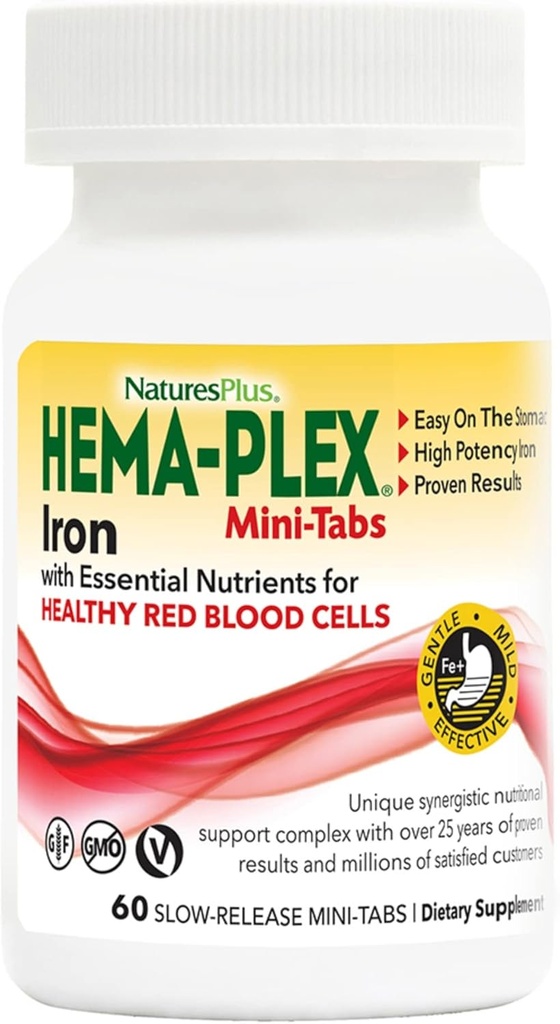 NaturalezasPlus Hierro Hema-Plex - 60 Mini-Tabs de liberación lenta - 85 mg Hierro Chelatado - Salud Sangre Total - Con vitamina C " Bioflavonoides - Vegan, Gluten Free - 30 Servings