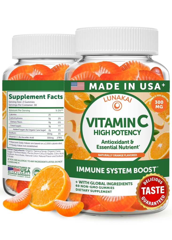 Lunakai USA hizo alta potencia vitamina C Gummies para adultos y niños - 300 mg de apoyo inmunológico - No GMO, Vegan, sabor naranja delicioso, 60ct