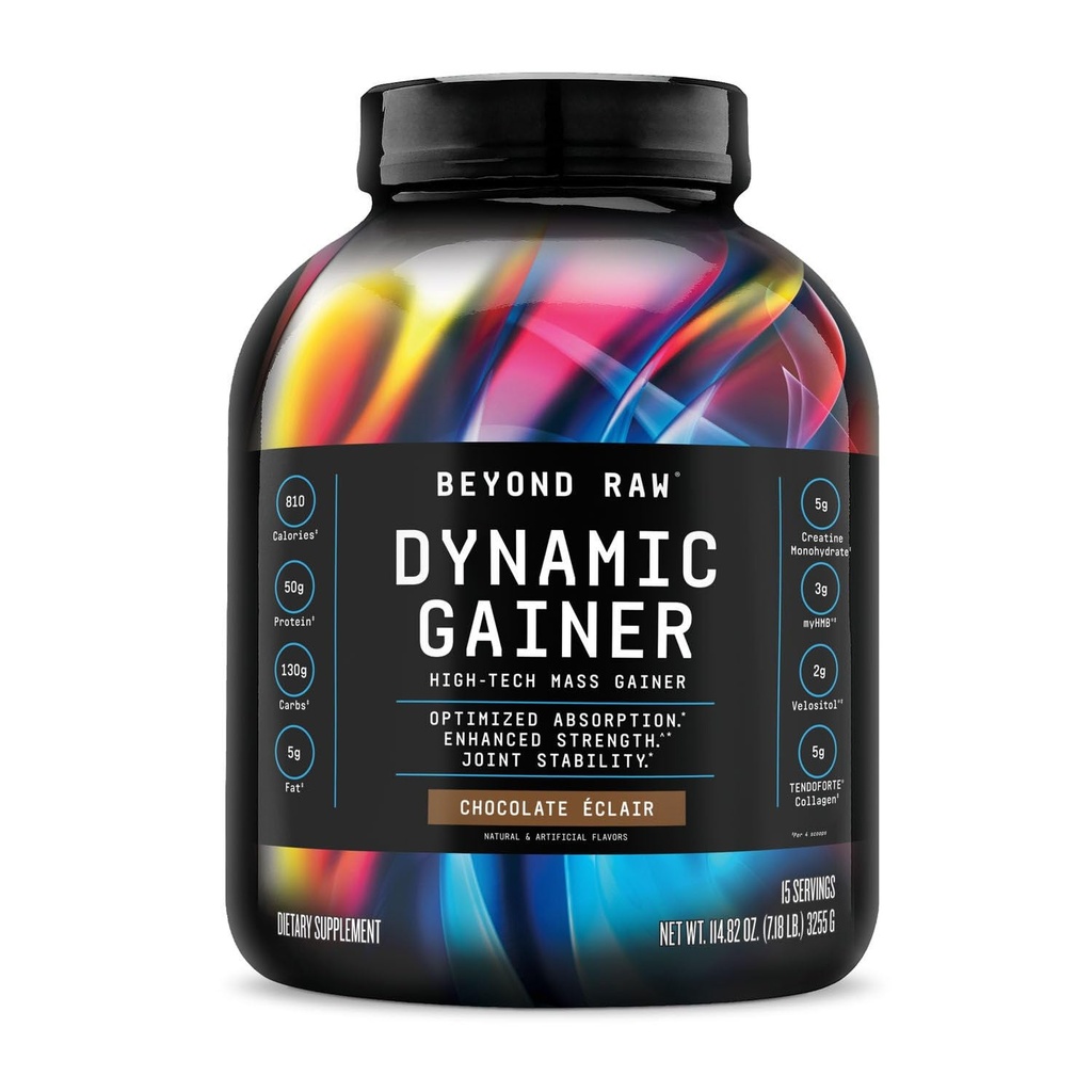 BEYOND RAW Dynamic Gainer. Gainer de masa de alta tecnología, absorción optimizada y fuerza aumentada, tortita de vainilla, 15 piezas