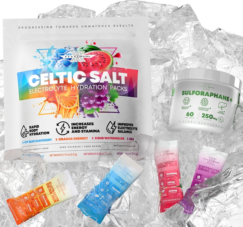 5000mcg de Sulforafane Verificado Real Lab Suplemento + Electrolitos Packets de Polvo Celtic Salt 12 Electrolyte Packets