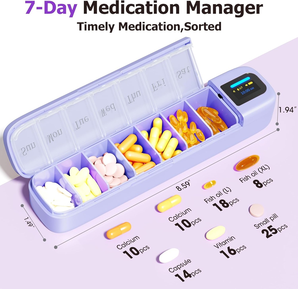Organizador inteligente Daviky con Alarma, Bluetooth Daily Once a Day Pill Box 7 Day with APP, Weekly Travel Pill Case, Portable Pill Reminder for Medicines, Supplements and Vitamins(Purple)