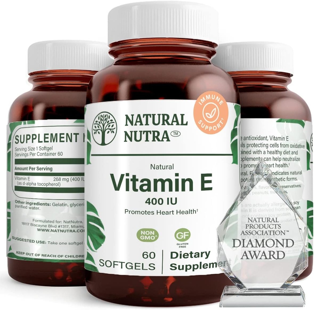 Natural Nutra Vitamina E 400 UI Suplemento, Enrich Health Nutrients, promueve la salud de la piel, mejora el cabello y uñas crecimiento, apoya el nivel de grasa corporal, ayuda a la salud del corazón y protege la textura de la piel, 60 geles blandos