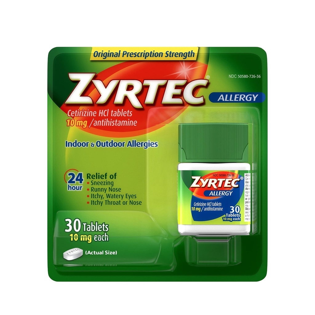 Zyrtec 24 horas Alivio de Alergia Tabletas, 10 mg Cetirizina HCl Antihistamina Medicina de Alergia, 30 ct Rojo