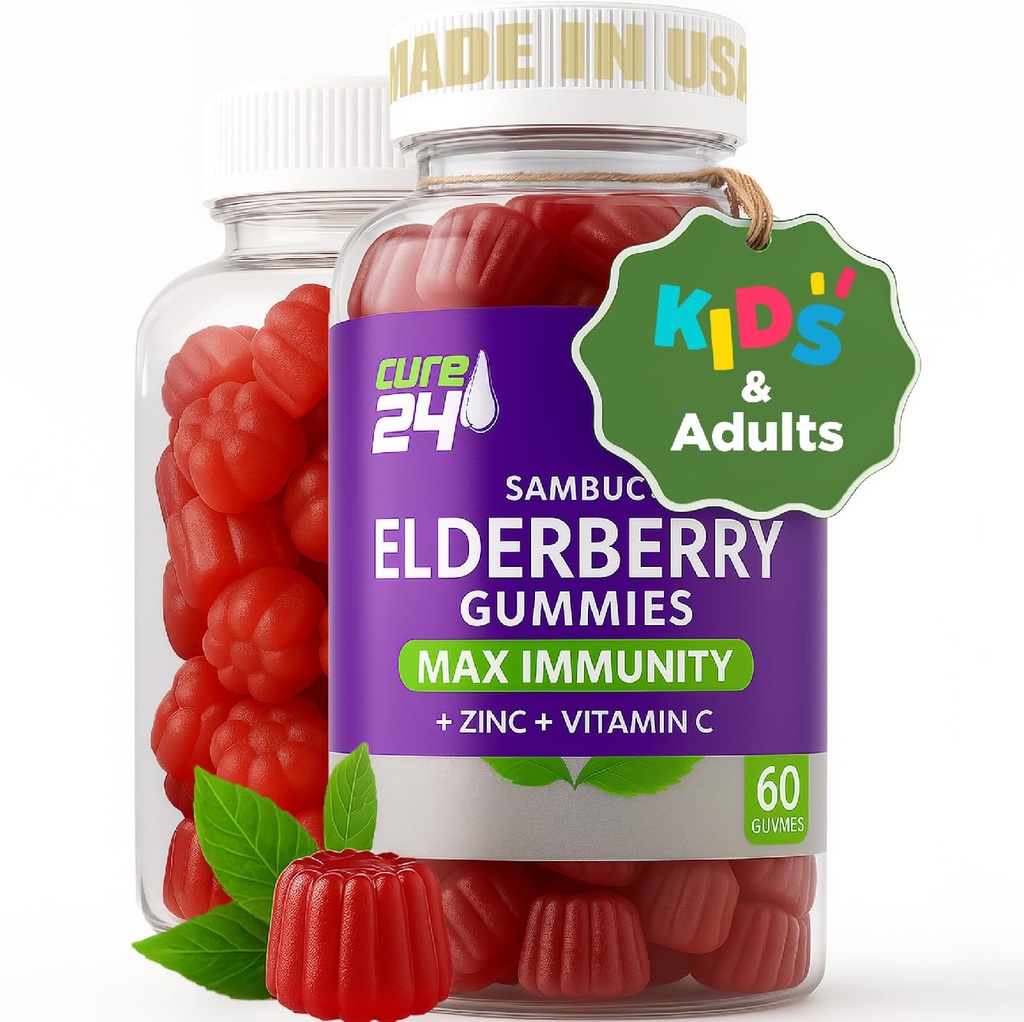 Sambucus Elderberry Gummies + Vitamina C + Zinc para Adultos Niños, X3 Immune Support, Sabores Naturales + Ingredientes, Vegan, No GMO, Made in USA (60)