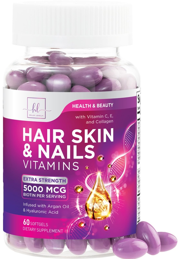 Hair Vitamins for Women for Hair Growth - Argan-Infused Supplement with Collagen, Biotin and Hyaluronic Acid - Supports Faster Hair Growth, Skin & Nails Beauty Vitamins, Bottled in USA - 60 Softgels