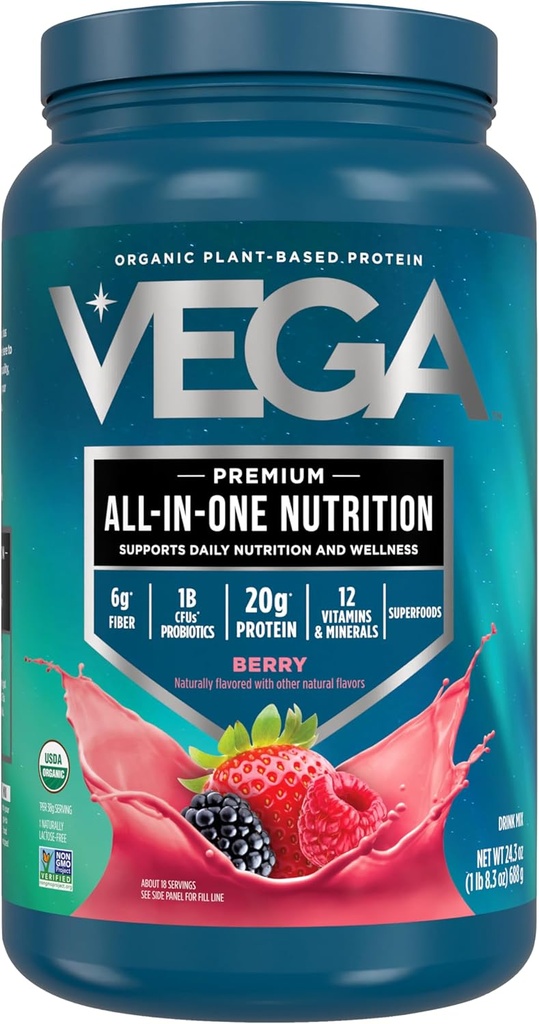 Vega All in One Nutrition Organic - 20g Plant-Based Pea Protein, Berry, 20 Servings, Vitaminas A & C, Probiotics, Greens, Vegan, Keto, Gluten Free, 24.3oz (Paquete mayo Vary)