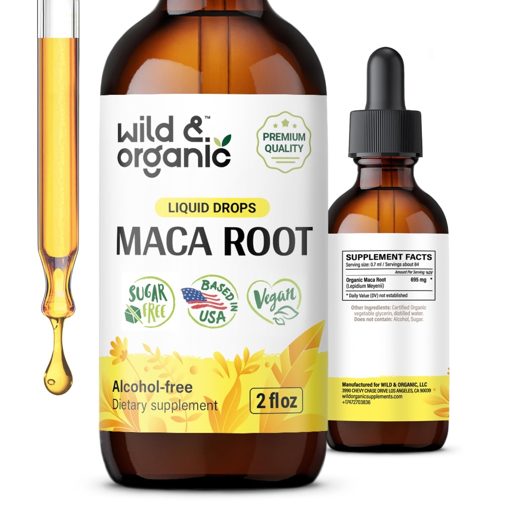 Wild &amp; Organic Maca Root Drops for Women &amp; Men - Mood, Focus, Active Lifestyle - Suplemento de Maca peruano - Vegan, Azúcar &amp; Alcohol-Free Tintura - 2 fl oz