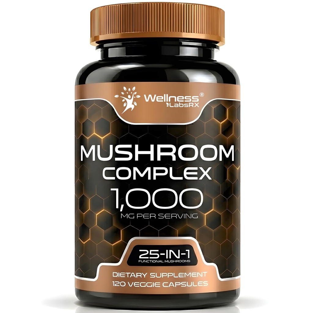 WELLNESS LABSRX Mushroom Supplement Capsules 10:1 Extract, Mushroom Complex Capsules 1000mg, Lions Mane Suplemento con Turquía Tail, Cordyceps, Reishi - 120 Conde