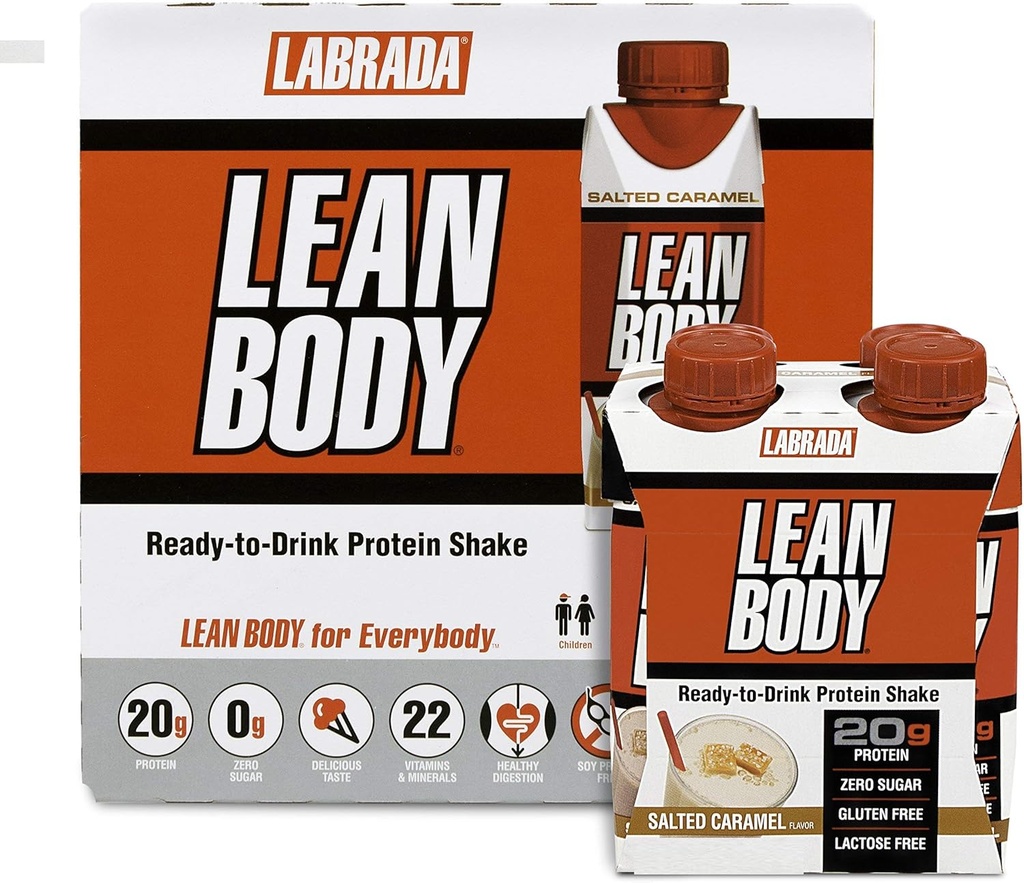 LABRADA NUTRITION - Lean Body RTD Whey Protein Shake, Conveniente On-The-Go Meal Replacement Shake for Men &amp; Women, 20 gramos de Protein – Zero Sugar, Lactose & Gluten Free, Salted Caramel (Pack of 16)