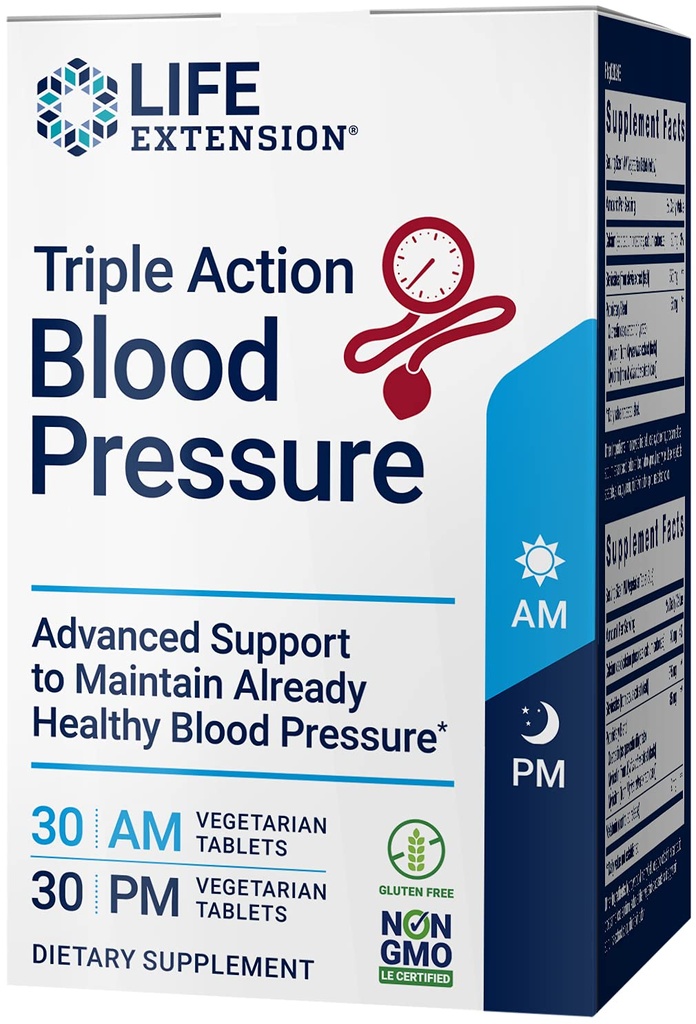 Extensión de la vida Triple acción Presión de la sangre, Suplemento de salud del corazón, quercetina, stevia Extracto, melatonina, apoyo de la mañana y la noche, libre de gluten, no GMO, vegetariano, 60 Tablets