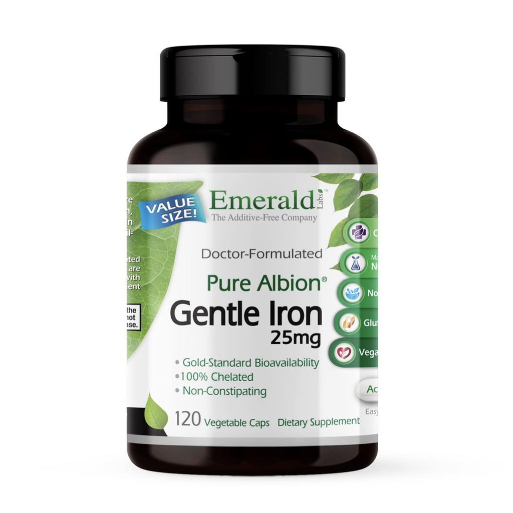 Laboratorios Esmeraldas Gentle Iron 25mg - Ferrous Bisglycinate Chelate - Chelated Iron Supplement That Supports Energy, Eye, Immune & Heart Health - 120 Vegetable Capsules (120-Day Supply)