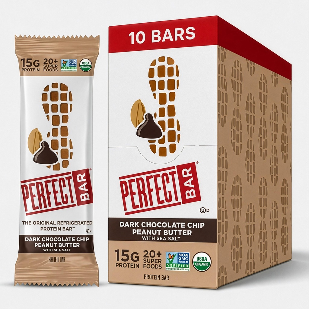 Perfect Bar Protein Bars, Dark Chocolate Chip Peanut Butter, Gluten Free, Made with Organic Honey, Cookie Dough Texture, Refrigerated, 2.3 Oz Bars, 10 Count