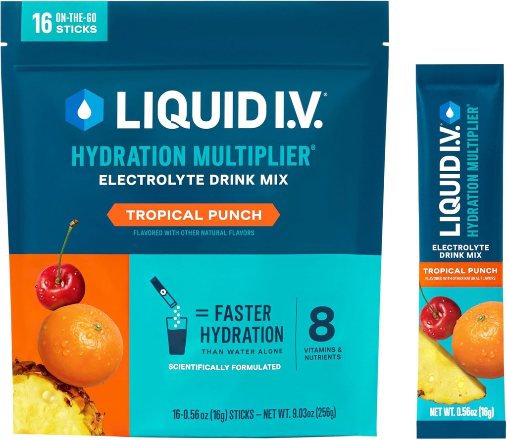 Liquid I.V.® Hydration Multiplier® - Punch tropical - Hydration Powder Packets ← Electrolyte Powder Drink Mix ¦ Convenient Single-Serving Sticks ← Non-GMO TEN 16 Servings (Pack of 12)