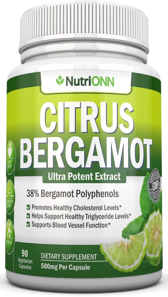Citrus Bergamot - 500 mg - 90 cápsulas vegetarianas - 38% polifenoles - Natural Premium Quality Citrus Bergamot Extracto - Promueve la Triglicéride saludable Niveles