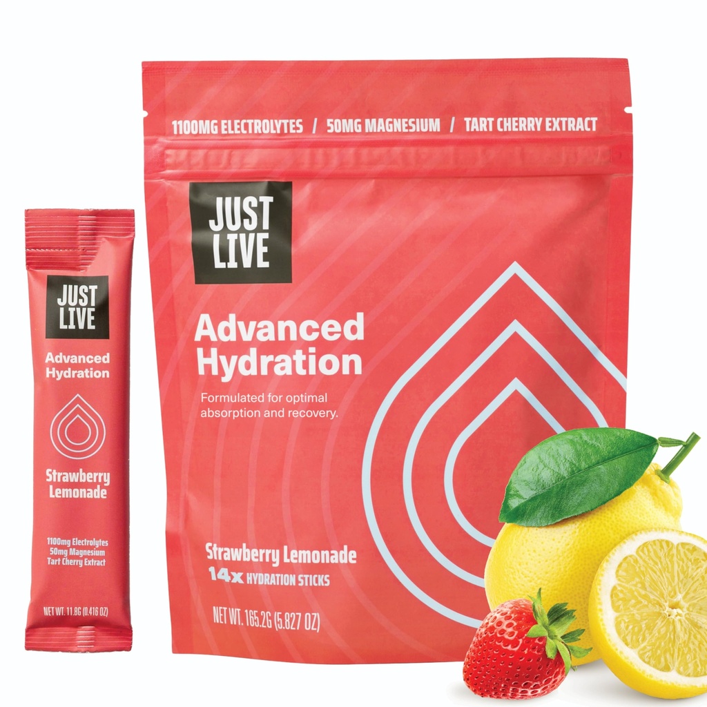 Just Live Advanced Hydration - Strawberry Lemonade, Electrolyte Drink Mix, Tart Cherry Extract, Supports Recovery " Absorption, Low Sugar, 14 Pack
