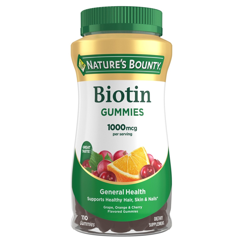 Bounty Biotin Gummy, Suplemento de vitaminas, soporta el cabello saludable, la piel y las uñas, las gomas de sabor fruta, 1000 mcg, 110 Condes