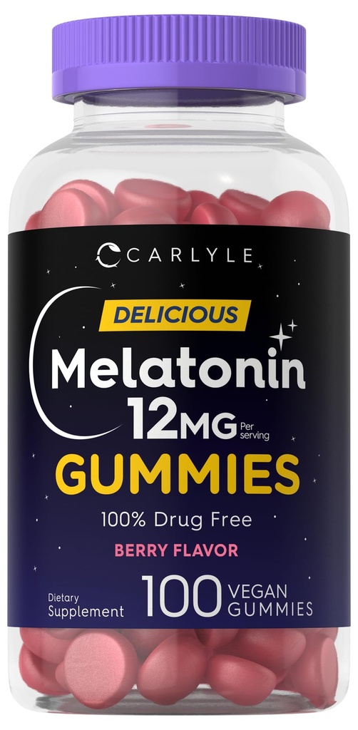 Carlyle Melatonin Gummies 12mg tención 100 Conde ← Berry Flavor ← Vegan Suplemento No GMO, Gluten Free