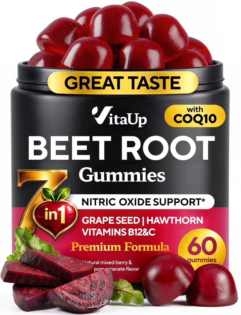 Gotas de remolacha – Gummies de remolacha – Suplementos de remolacha roja con remolacha, semillas de uva, coq10, vitamina C &amp; B12 – 60 cerdas de remolacha