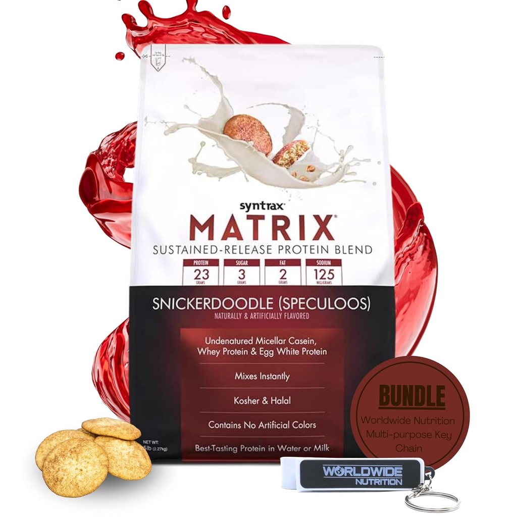 Syntrax Bundle: Matrix Protein Powder Sustained-Release Casein Protein y Whey Protein Powder - Instant Mix Snickerdoodle Protein Powder Flavor, 5lbs with Worldwide Nutrition Keychain